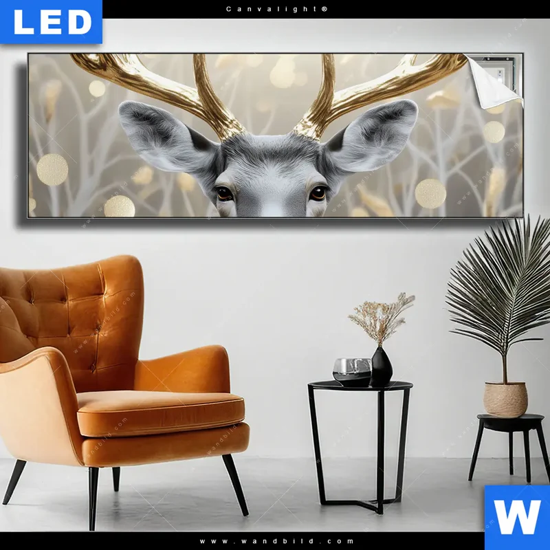 Canvalight® Leuchtbild | Hirsch mit goldenem Geweih | Panorama