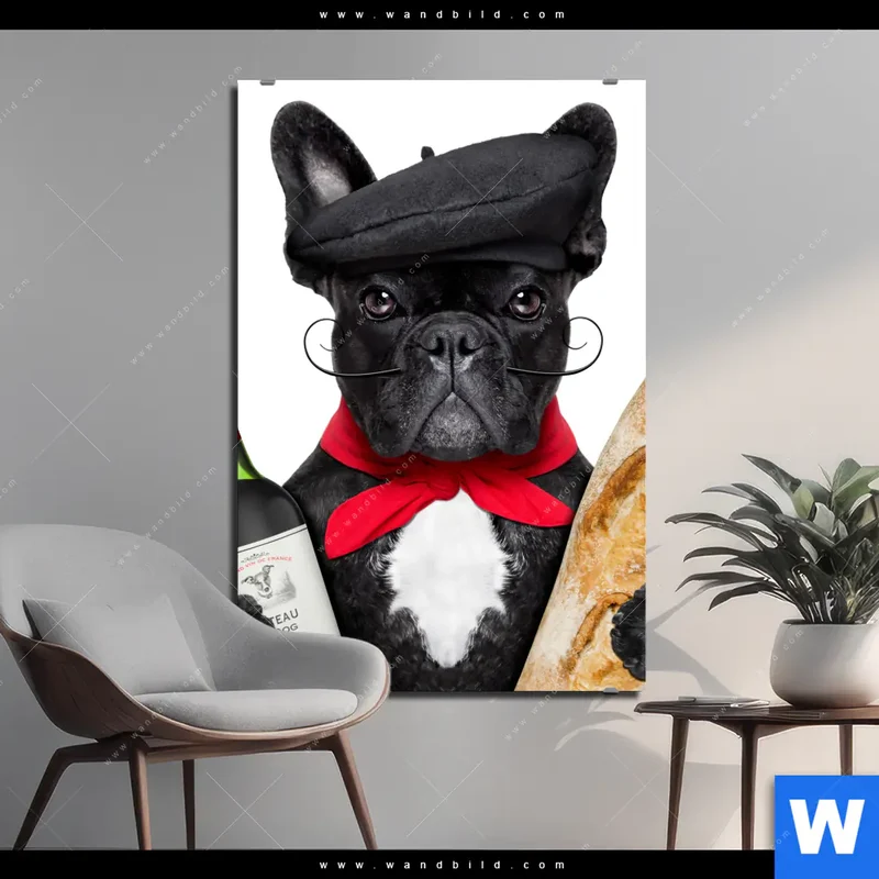 Alu-Dibond Bild | Französischer Bulldoggen-Charme mit Baguette & Wein | Hochformat