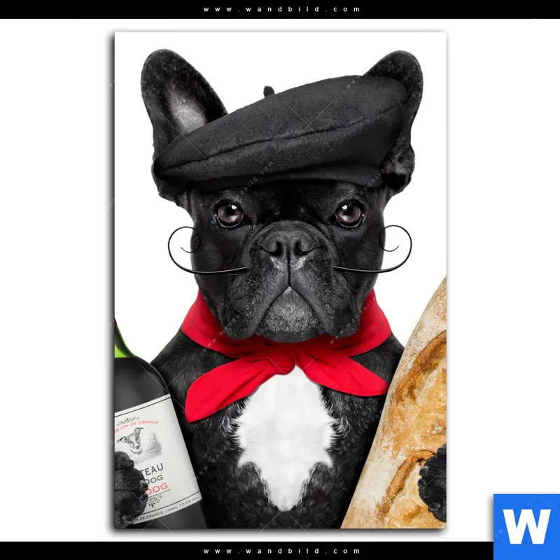 Alu-Dibond Bild | Französischer Bulldoggen-Charme mit Baguette & Wein | Hochformat