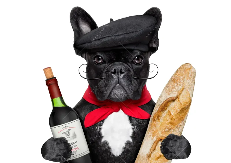Alu-Dibond Bild | Französischer Bulldoggen-Charme mit Baguette & Wein | Hochformat