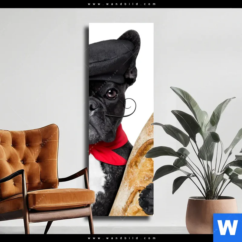 Leinwandbild | Französischer Bulldoggen-Charme mit Baguette & Wein | Schmal