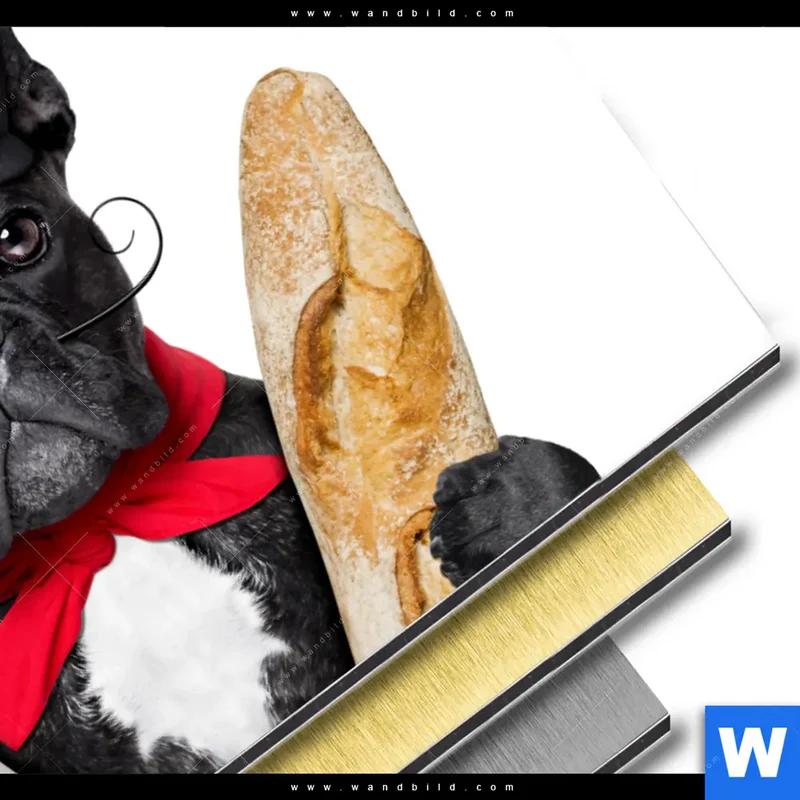 Aluminiumbild gebürstet | Französischer Bulldoggen-Charme mit Baguette & Wein | Querformat
