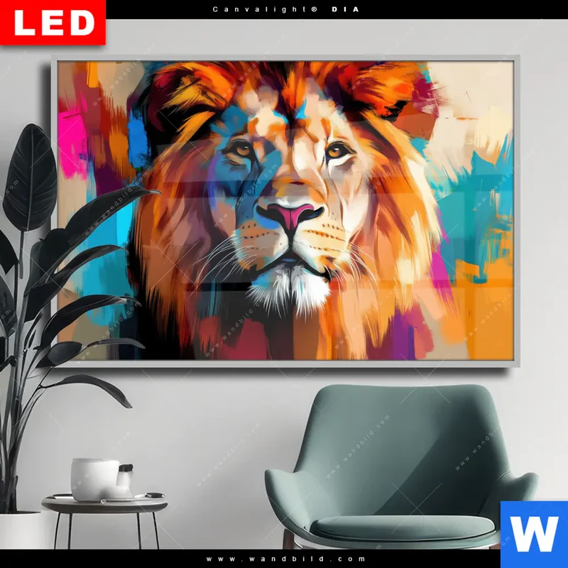 Wechselmotiv Acrylglas Canvalight® DIA | Der Löwe – Kraft in Farbe | Querformat