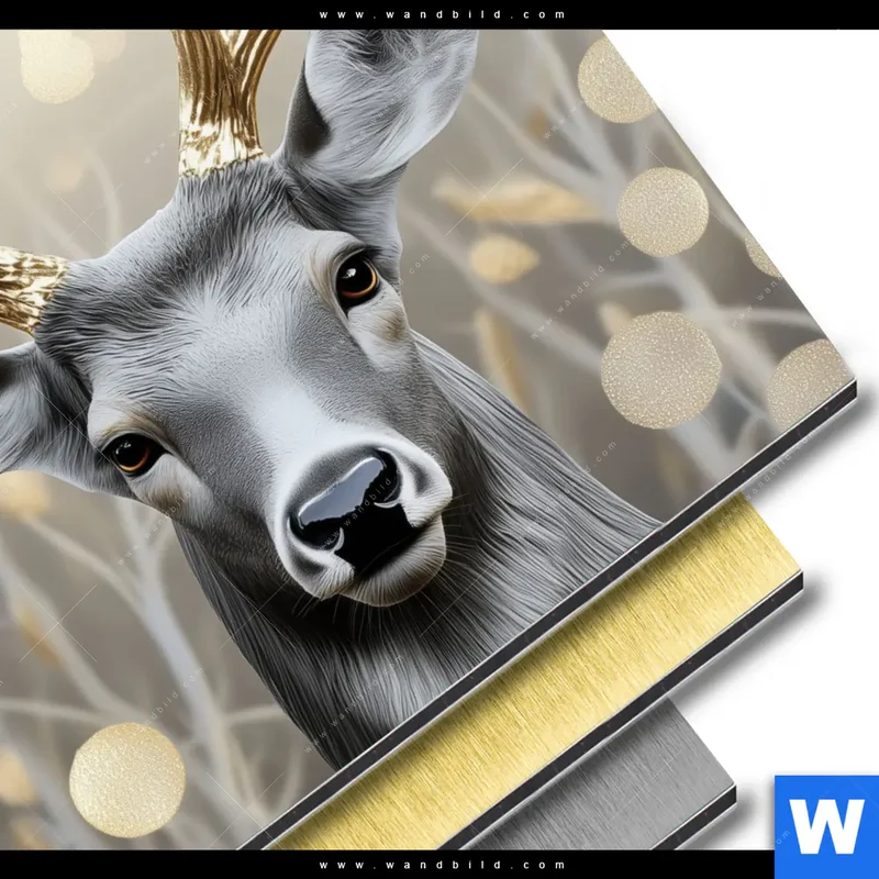 Aluminiumbild gebürstet | Hirsch mit goldenem Geweih | Rund