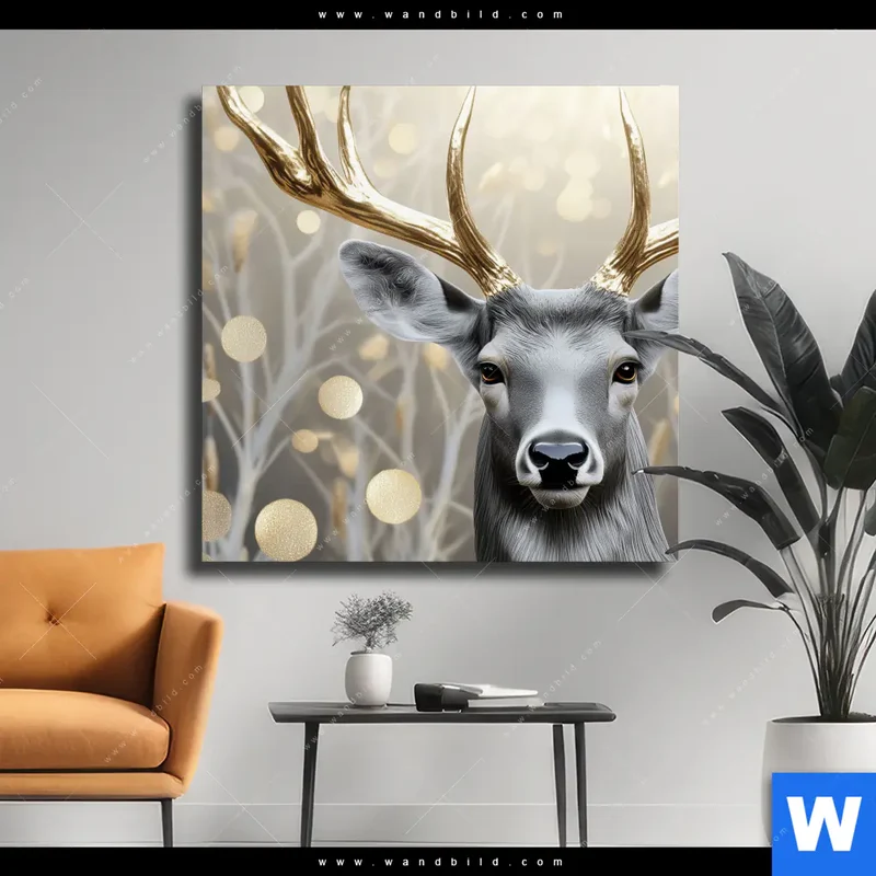 Leinwandbild | Hirsch mit goldenem Geweih | Quadrat