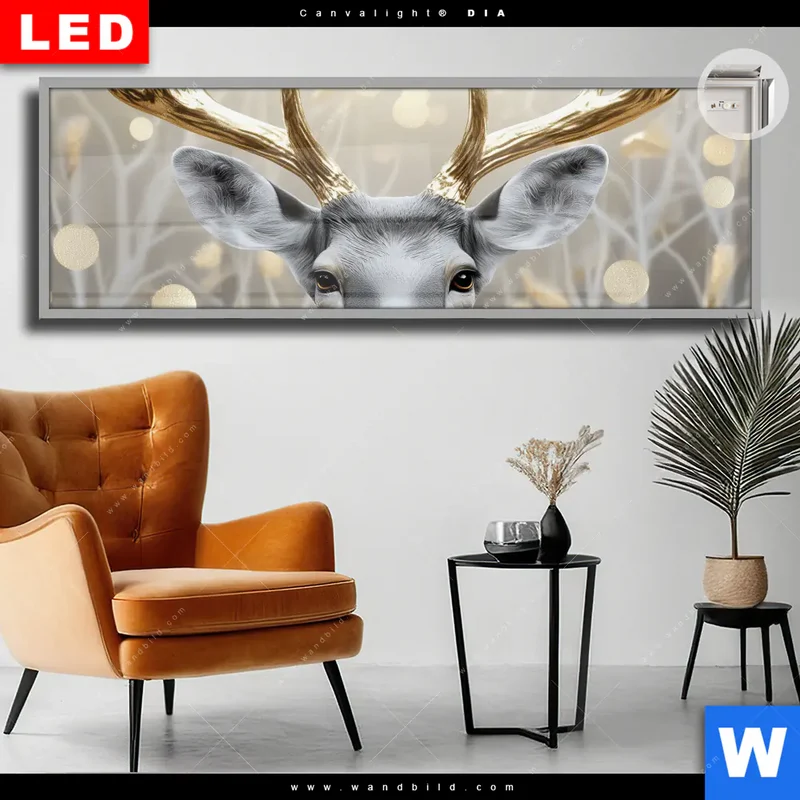 Leuchtbild Acrylglas Canvalight® DIA | Hirsch mit goldenem Geweih | Panorama