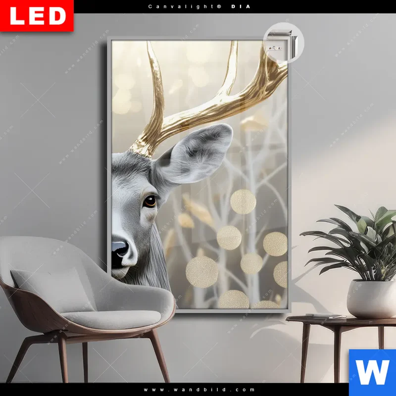Leuchtbild Acrylglas Canvalight® DIA | Hirsch mit goldenem Geweih | Hochformat