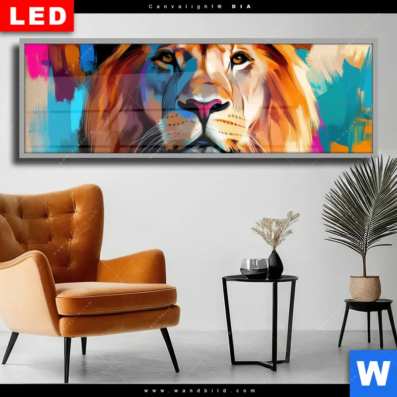 Wechselmotiv Acrylglas Canvalight® DIA | Der Löwe – Kraft in Farbe | Panorama