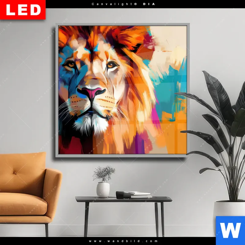 Wechselmotiv Acrylglas Canvalight® DIA | Der Löwe – Kraft in Farbe | Quadrat