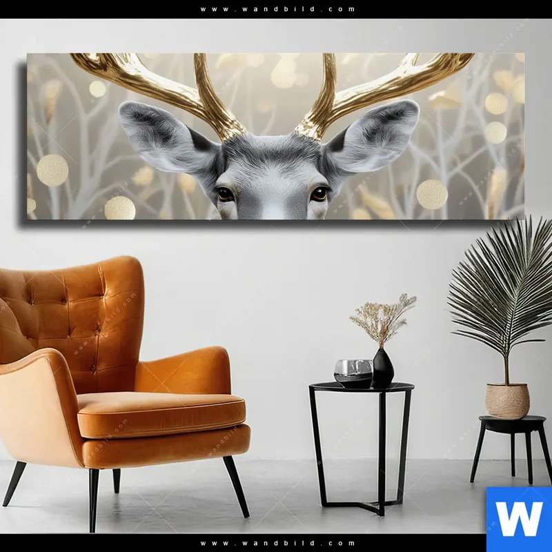 Leinwandbild | Hirsch mit goldenem Geweih | Panorama
