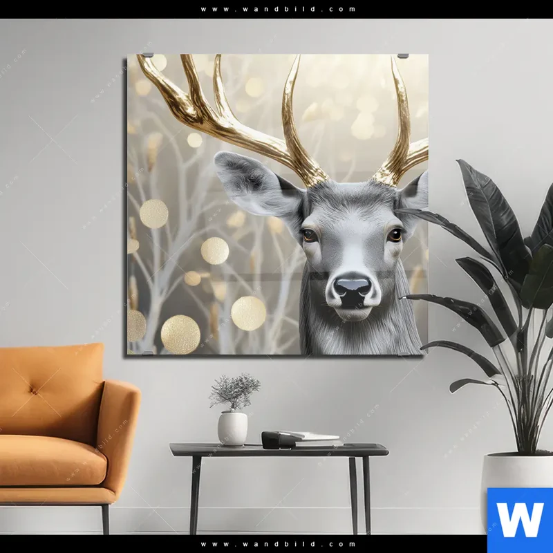 Acrylglasbild | Hirsch mit goldenem Geweih | Quadrat
