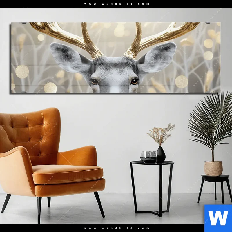 Acrylglasbild | Hirsch mit goldenem Geweih | Panorama