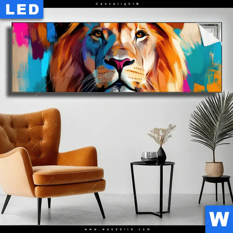 Canvalight® Leuchtbild | Der Löwe – Kraft in Farbe | Panorama