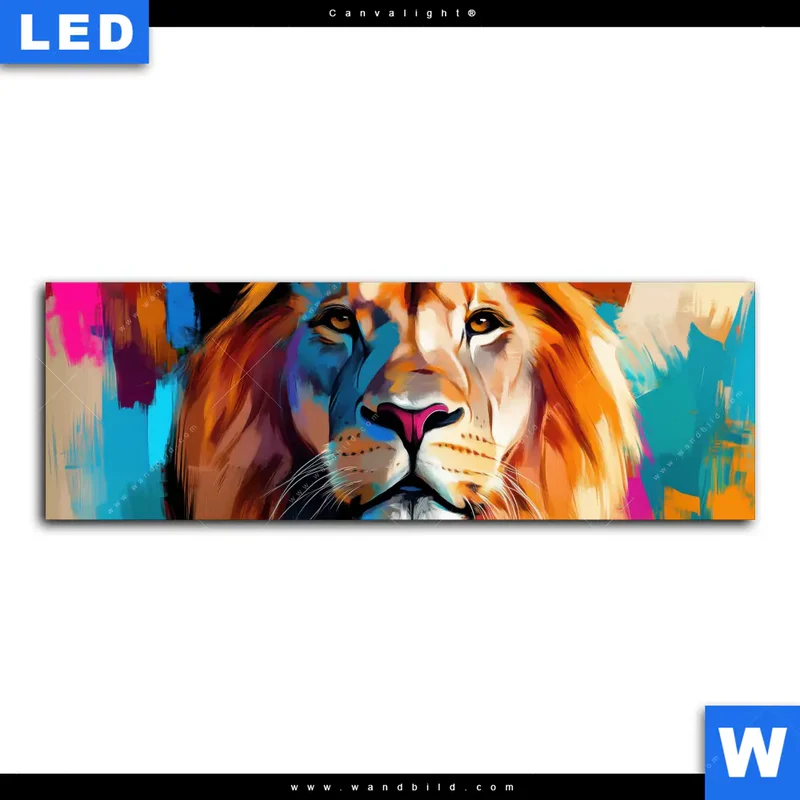 Canvalight® Leuchtbild | Der Löwe – Kraft in Farbe | Panorama