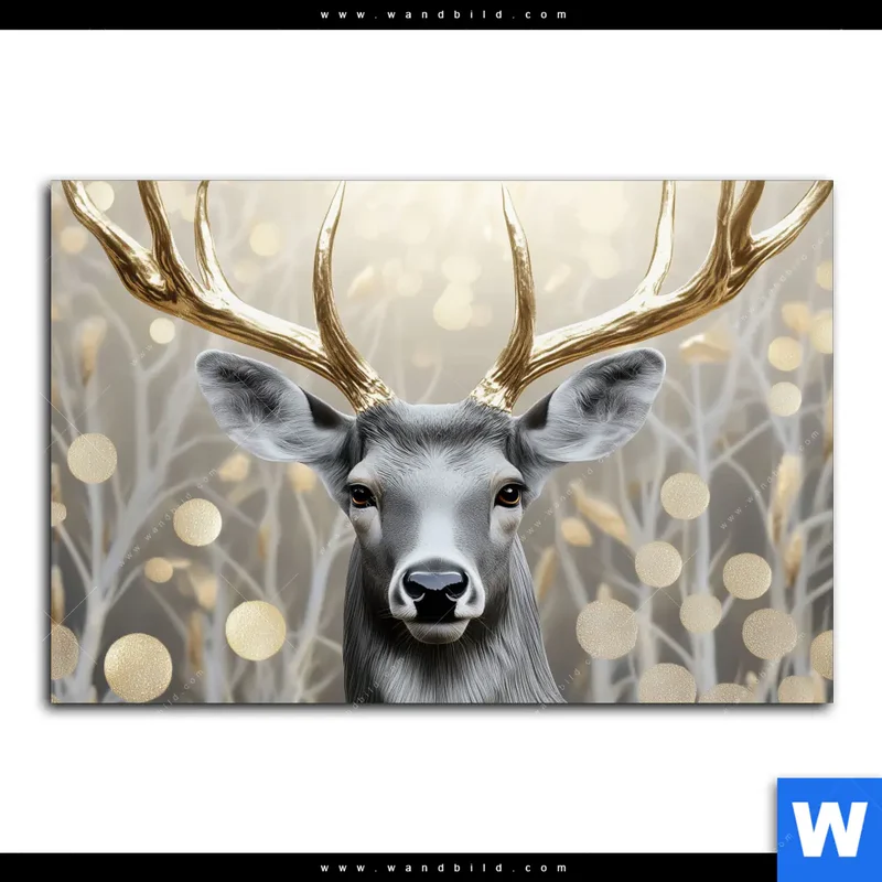 Aluminiumbild gebürstet | Hirsch mit goldenem Geweih | Querformat
