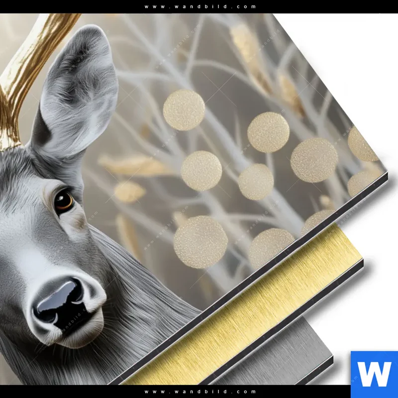 Aluminiumbild gebürstet | Hirsch mit goldenem Geweih | Querformat