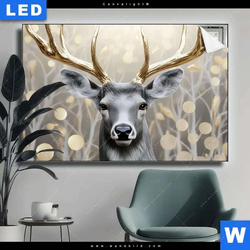 Canvalight® Leuchtbild | Hirsch mit goldenem Geweih | Querformat