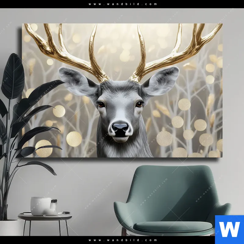 Leinwandbild | Hirsch mit goldenem Geweih | Querformat