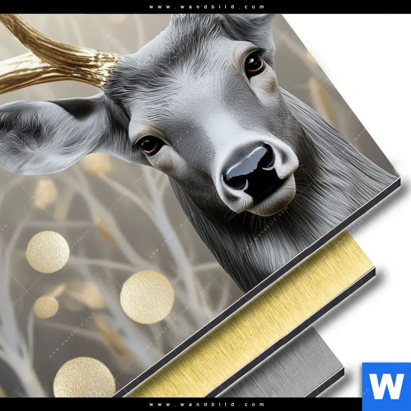 Aluminiumbild gebürstet | Hirsch mit goldenem Geweih | Quadrat