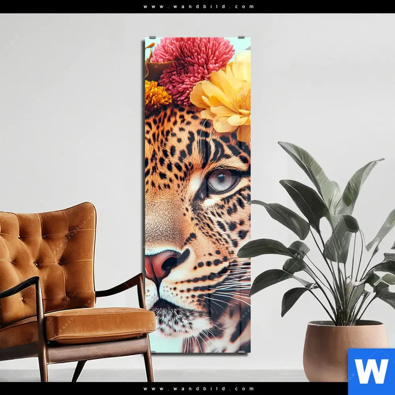 Acrylglasbild | Leopard mit Blütenkranz | Schmal