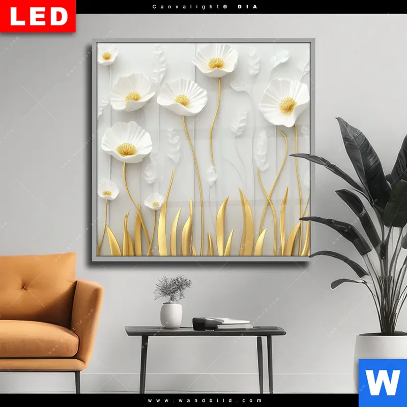 Wechselmotiv Acrylglas Canvalight® DIA | Florale Leichtigkeit mit Goldglanz | Quadrat