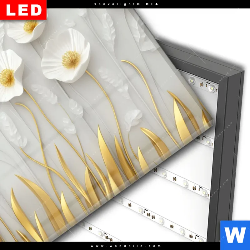 Wechselmotiv Acrylglas Canvalight® DIA | Florale Leichtigkeit mit Goldglanz | Querformat