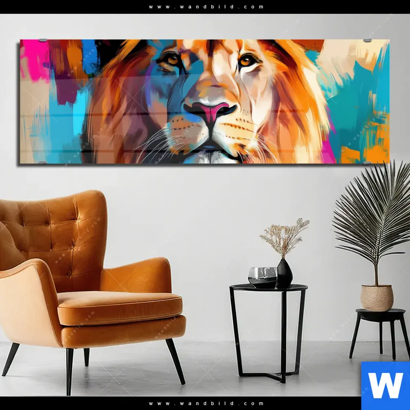Acrylglasbild | Der Löwe – Kraft in Farbe | Panorama