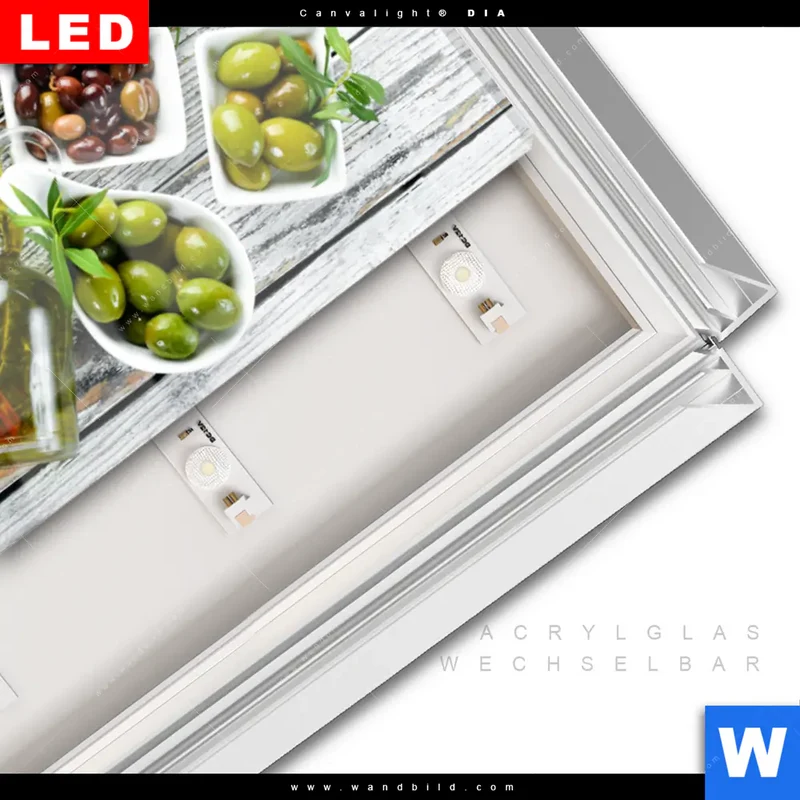 Leuchtbild Acrylglas Canvalight® DIA | Mediterrane Olivenvielfalt | Schmal