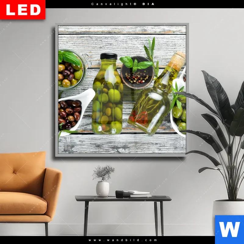 Wechselmotiv Acrylglas Canvalight® DIA | Mediterrane Olivenvielfalt | Quadrat