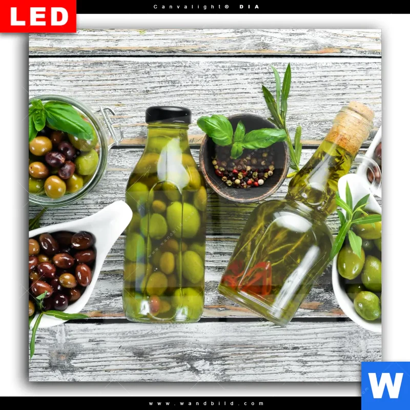 Wechselmotiv Acrylglas Canvalight® DIA | Mediterrane Olivenvielfalt | Quadrat