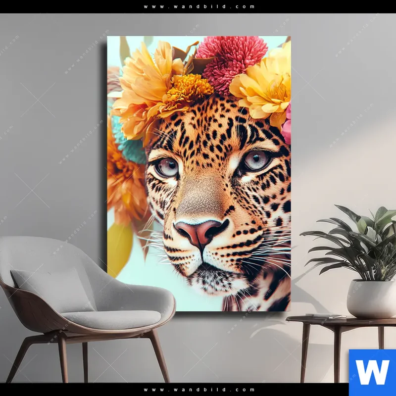 Leinwandbild | Leopard mit Blütenkranz | Hochformat