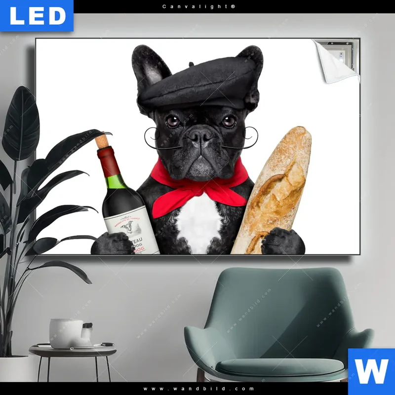 Canvalight® Leuchtbild | Französischer Bulldoggen-Charme mit Baguette & Wein | Querformat