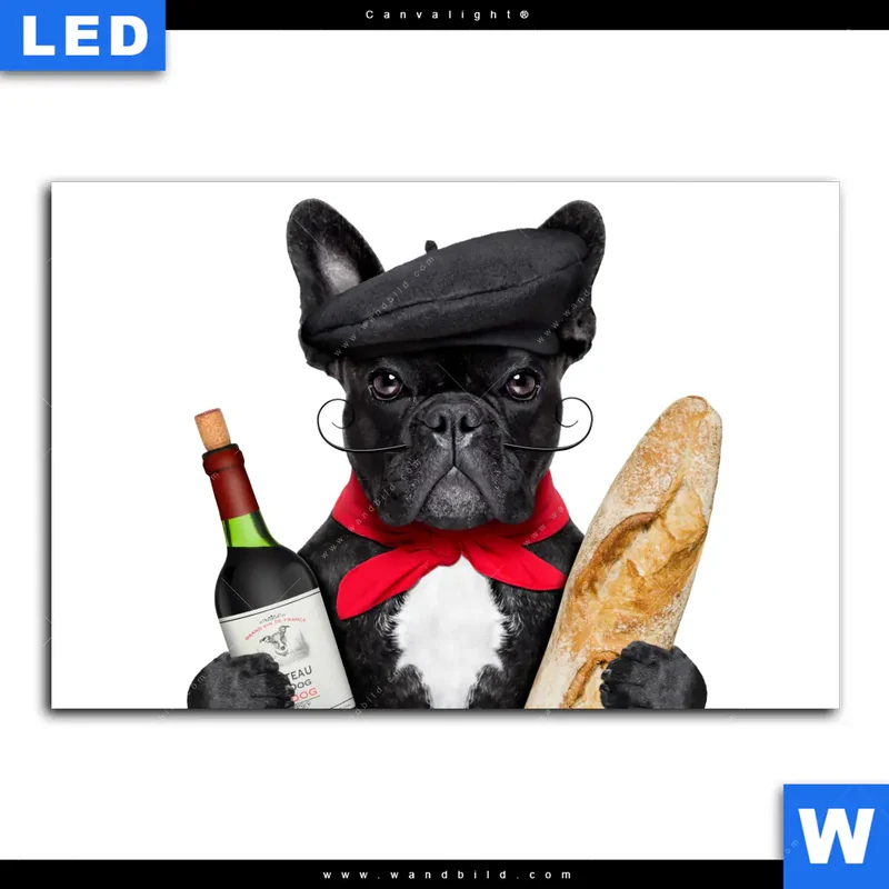 Canvalight® Leuchtbild | Französischer Bulldoggen-Charme mit Baguette & Wein | Querformat