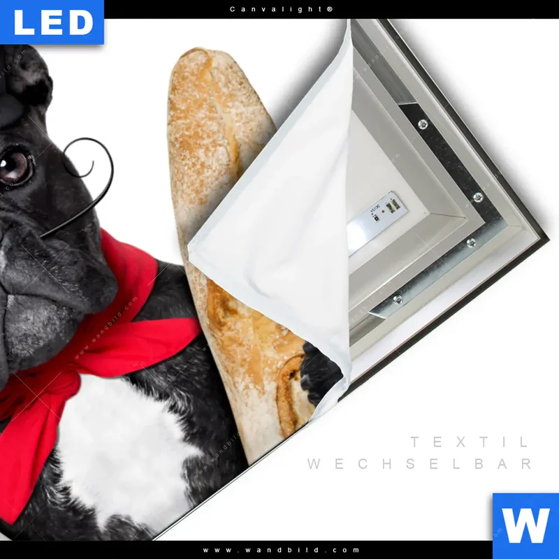 Canvalight® Leuchtbild | Französischer Bulldoggen-Charme mit Baguette & Wein | Querformat
