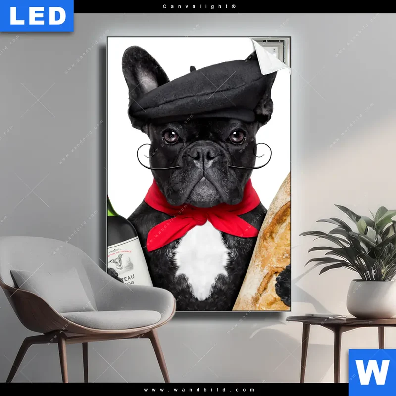 Canvalight® Leuchtbild | Französischer Bulldoggen-Charme mit Baguette & Wein | Hochformat