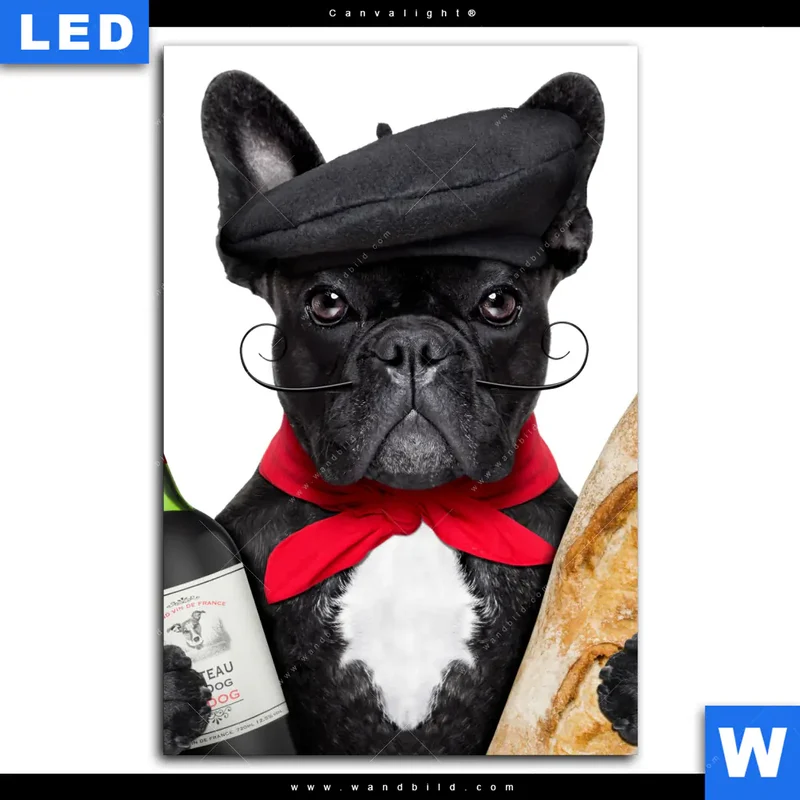 Canvalight® Leuchtbild | Französischer Bulldoggen-Charme mit Baguette & Wein | Hochformat