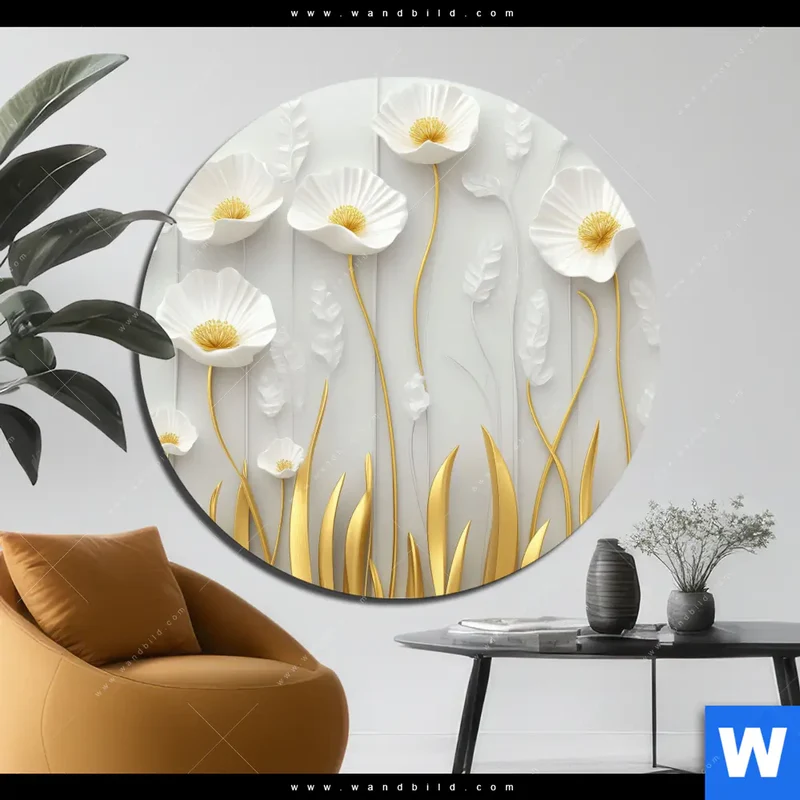 Aluminiumbild gebürstet | Florale Leichtigkeit mit Goldglanz | Rund