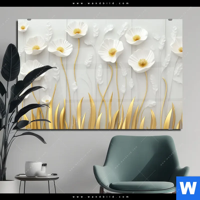 Acrylglasbild | Florale Leichtigkeit mit Goldglanz | Querformat