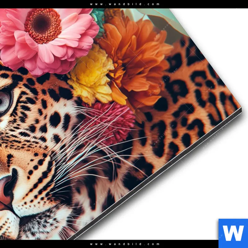 Alu-Dibond Bild | Leopard mit Blütenkranz | Querformat