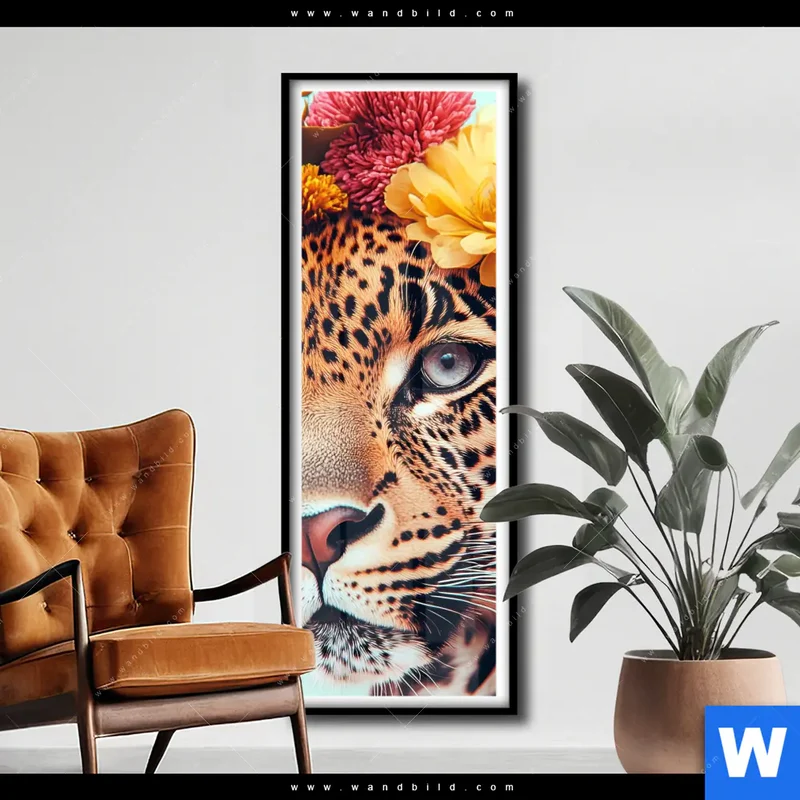 Poster | Leopard mit Blütenkranz | Schmal