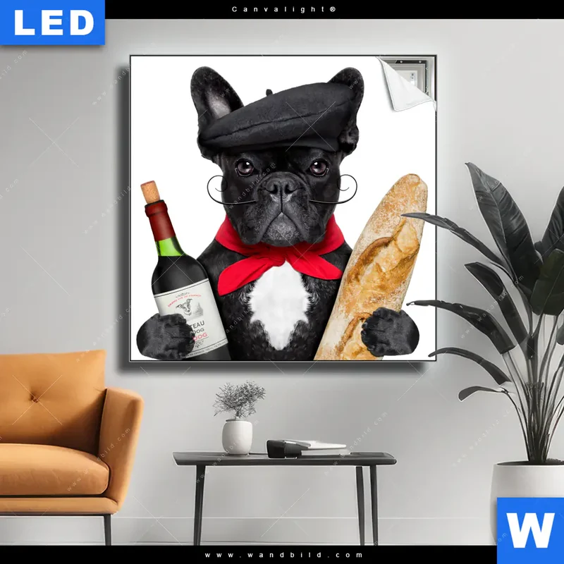 Canvalight® Leuchtbild | Französischer Bulldoggen-Charme mit Baguette & Wein | Quadrat