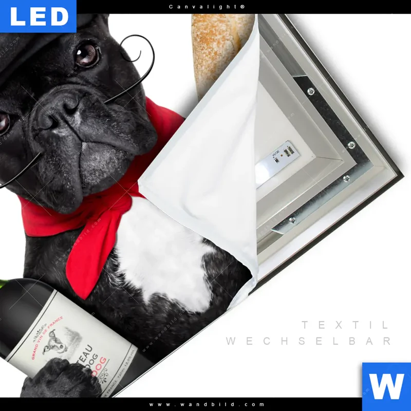 Canvalight® Leuchtbild | Französischer Bulldoggen-Charme mit Baguette & Wein | Quadrat