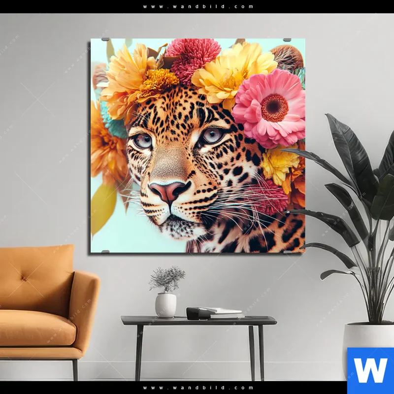 Aluminiumbild gebürstet | Leopard mit Blütenkranz | Quadrat