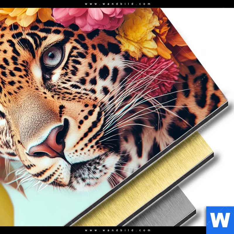 Aluminiumbild gebürstet | Leopard mit Blütenkranz | Quadrat