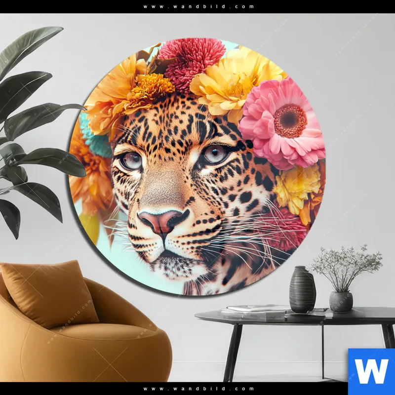 Acrylglasbild | Leopard mit Blütenkranz | Rund