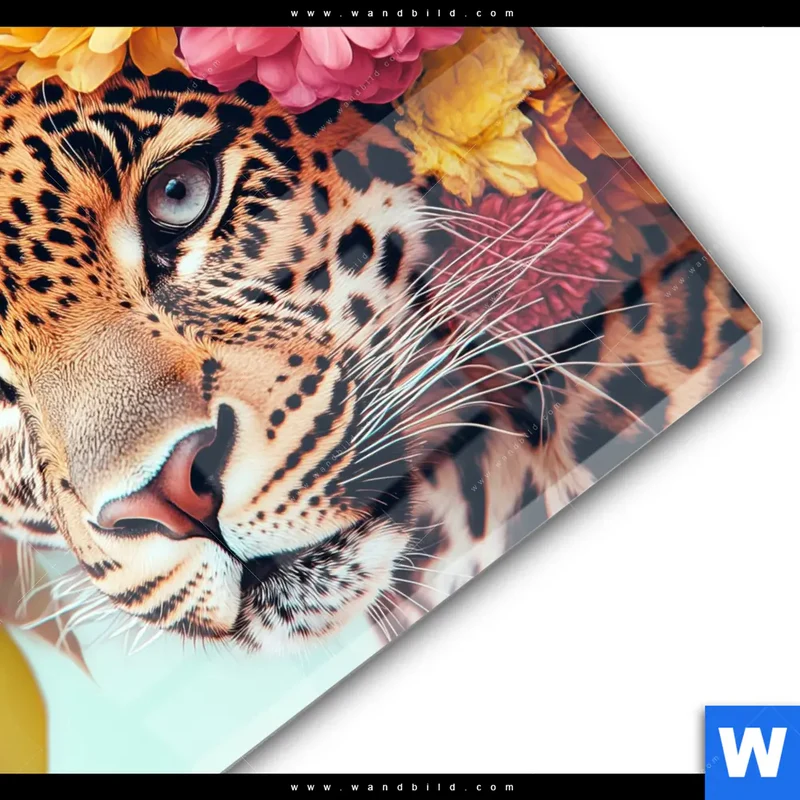 Acrylglasbild | Leopard mit Blütenkranz | Rund