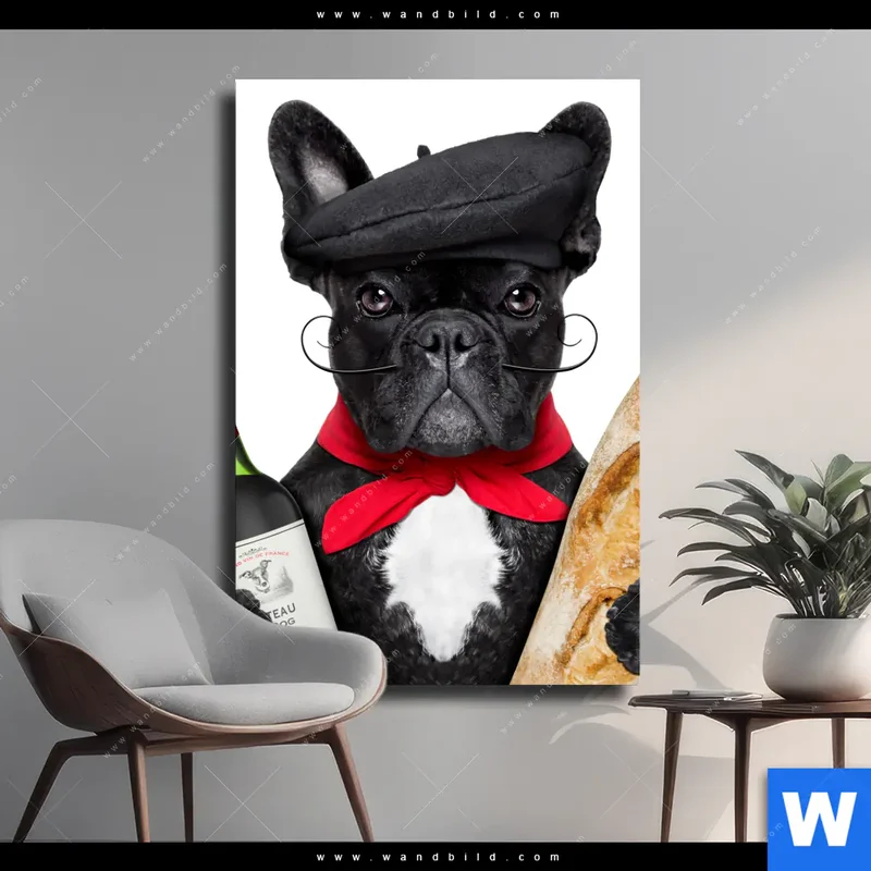 Leinwandbild | Französischer Bulldoggen-Charme mit Baguette & Wein | Hochformat