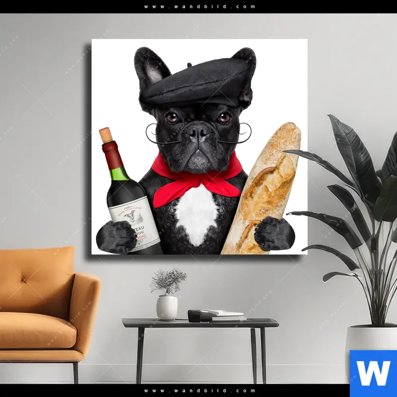 Leinwandbild | Französischer Bulldoggen-Charme mit Baguette & Wein | Quadrat