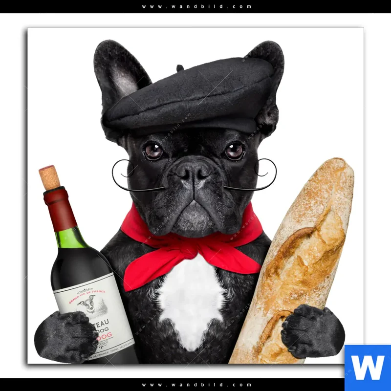 Leinwandbild | Französischer Bulldoggen-Charme mit Baguette & Wein | Quadrat