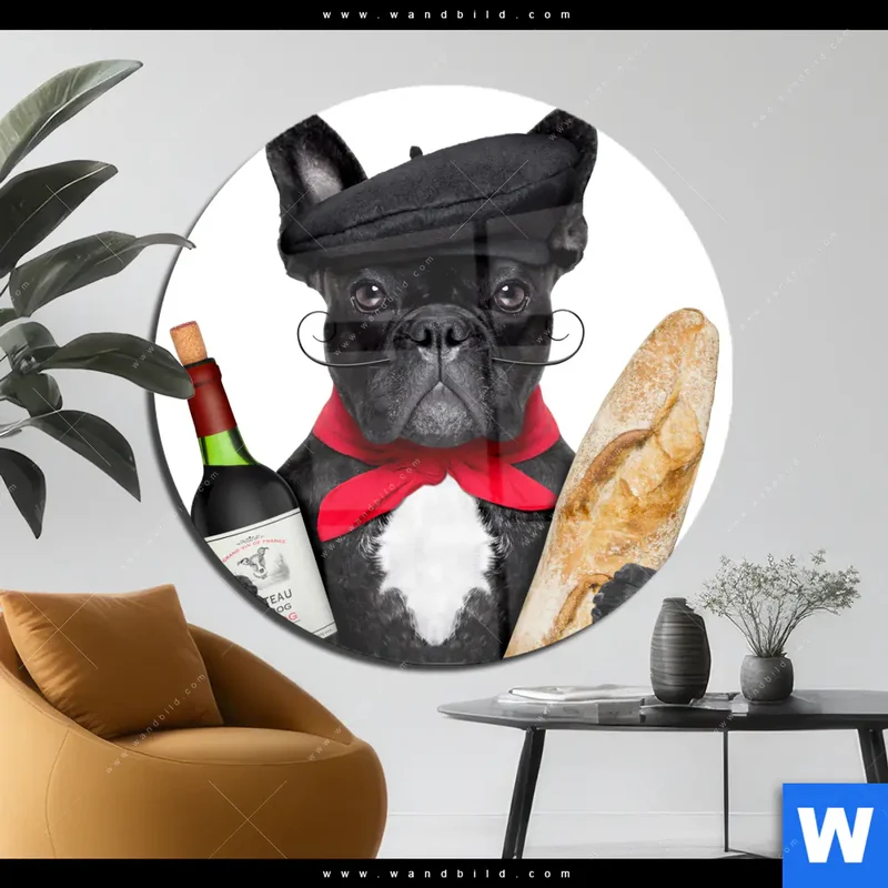 Acrylglasbild | Französischer Bulldoggen-Charme mit Baguette & Wein | Rund